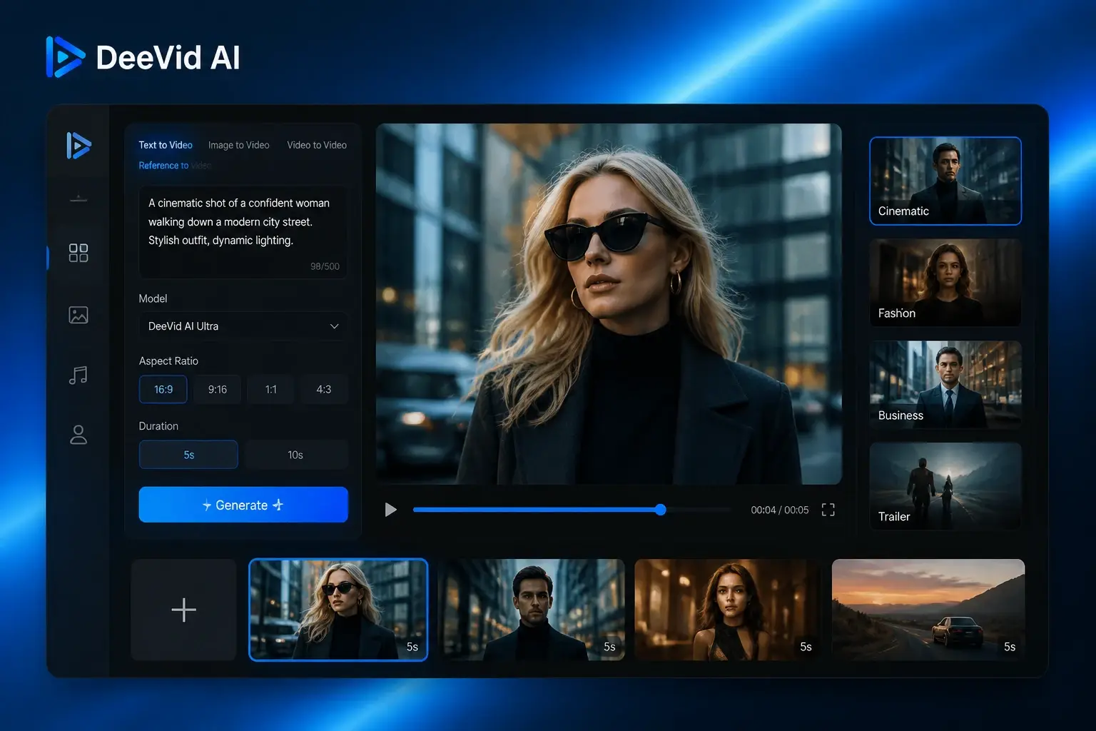 Deevid AI video generator interface