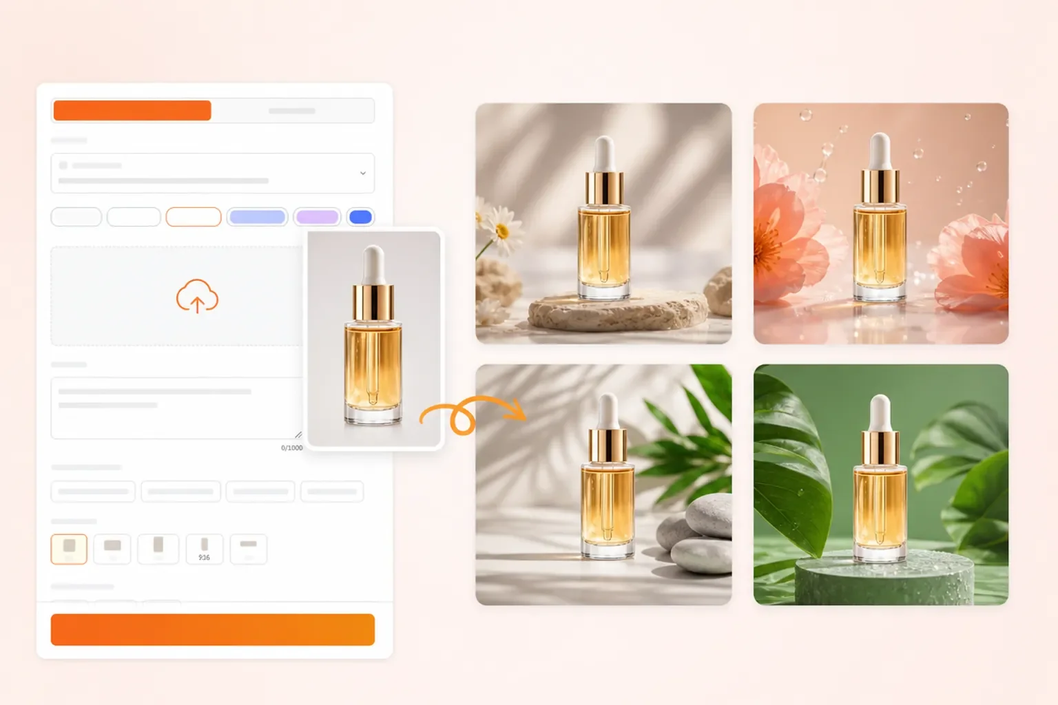 EzMaker-Alternative zum Erstellen von Produktvisualisierungen mit KI-generierten Hintergründen und mehreren Stilvarianten