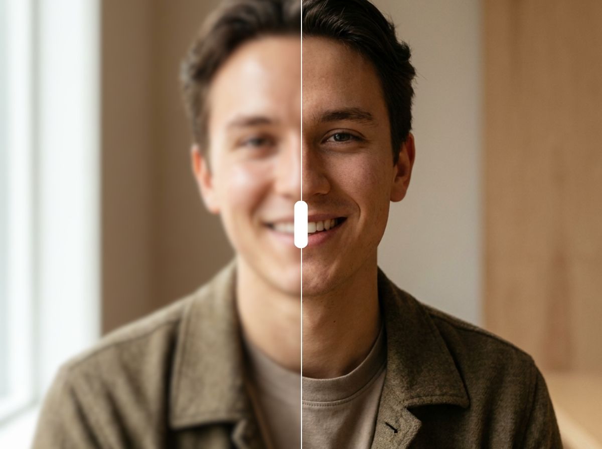 PhotoEditorAI AI 이미지 업스케일러로 인물 사진 선명도와 얼굴 디테일을 개선한 전후 비교